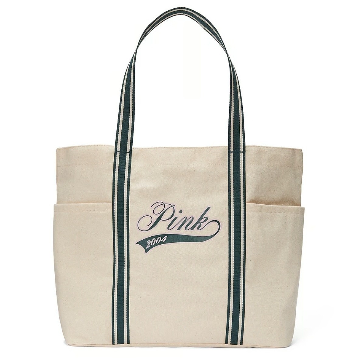 Victoria's Secret Pink Canvas Tote Bag Cream Green Striped 2004 Logo Nwt